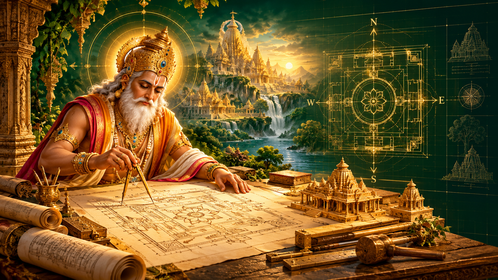 Lord Vishwakarma as a divine architect designing sacred geometry with a Vastu mandala and traditional Indian temple architecture
