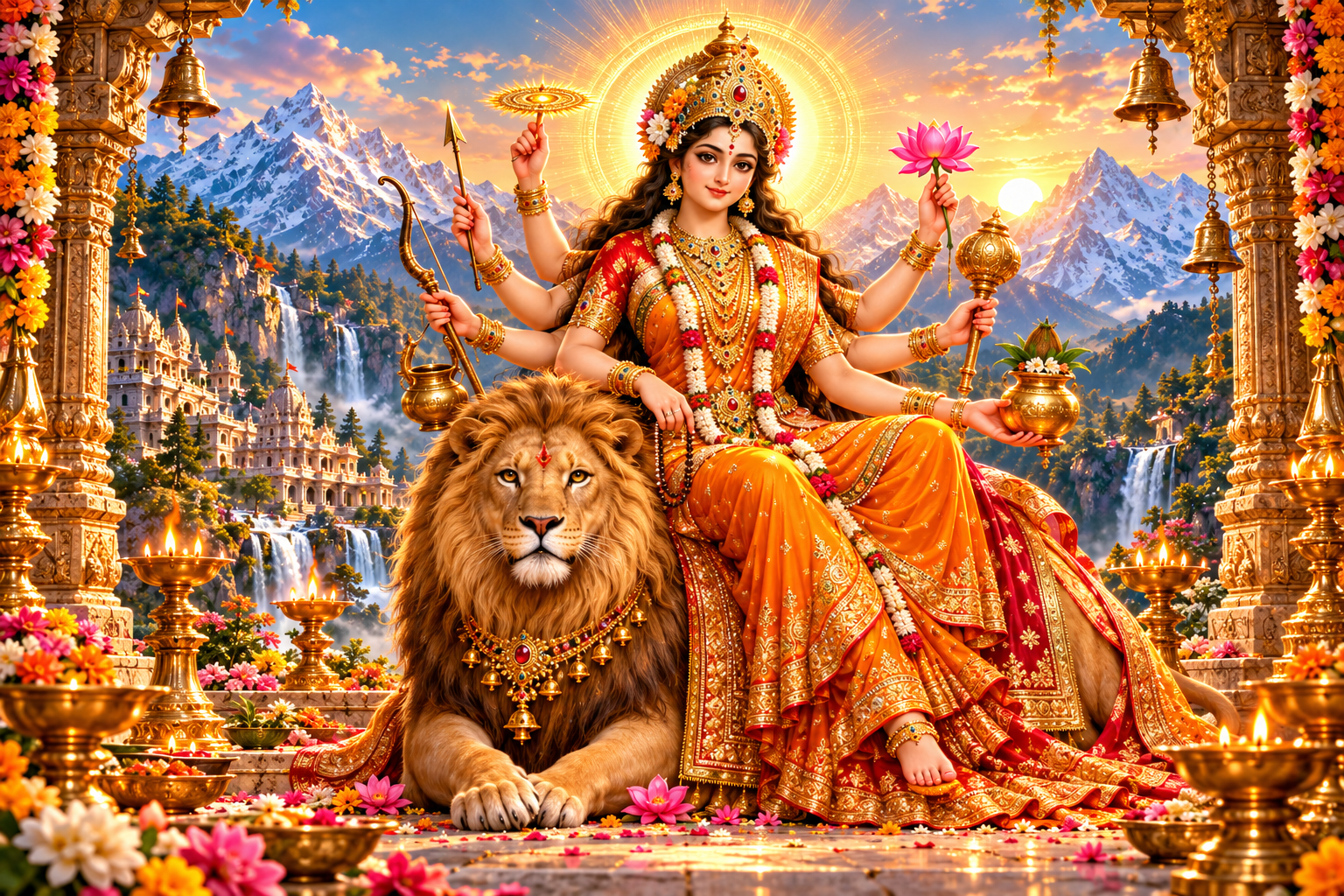 Maa Kushmanda seated on a lion in a Himalayan temple