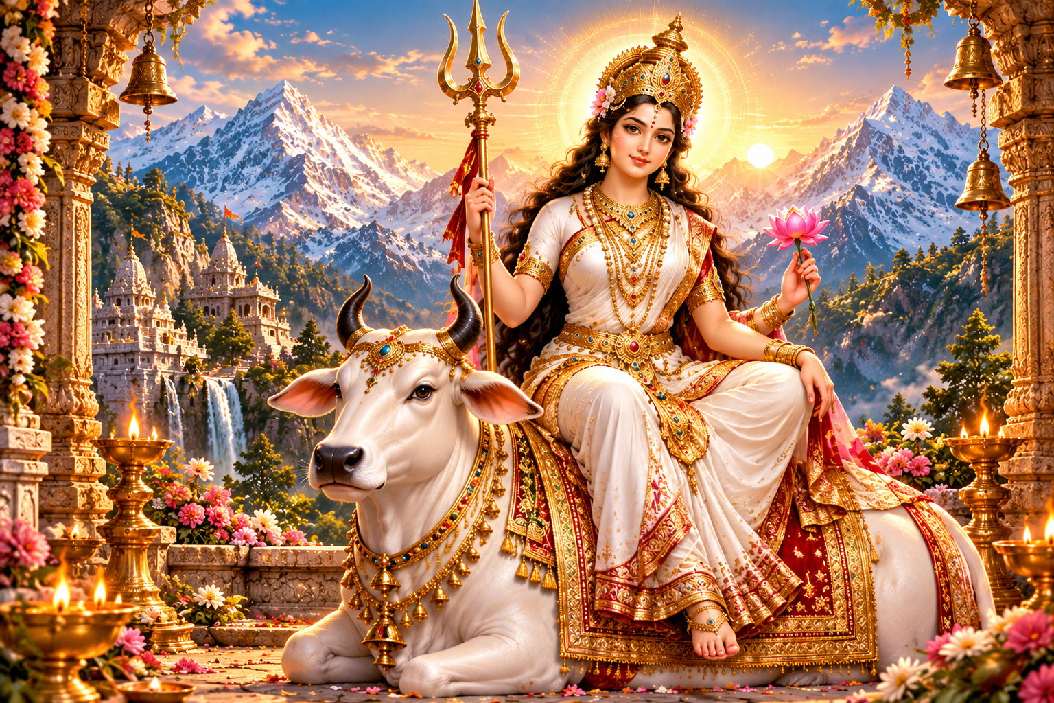 Maa Shailputri seated on a white bull at a Himalayan temple
