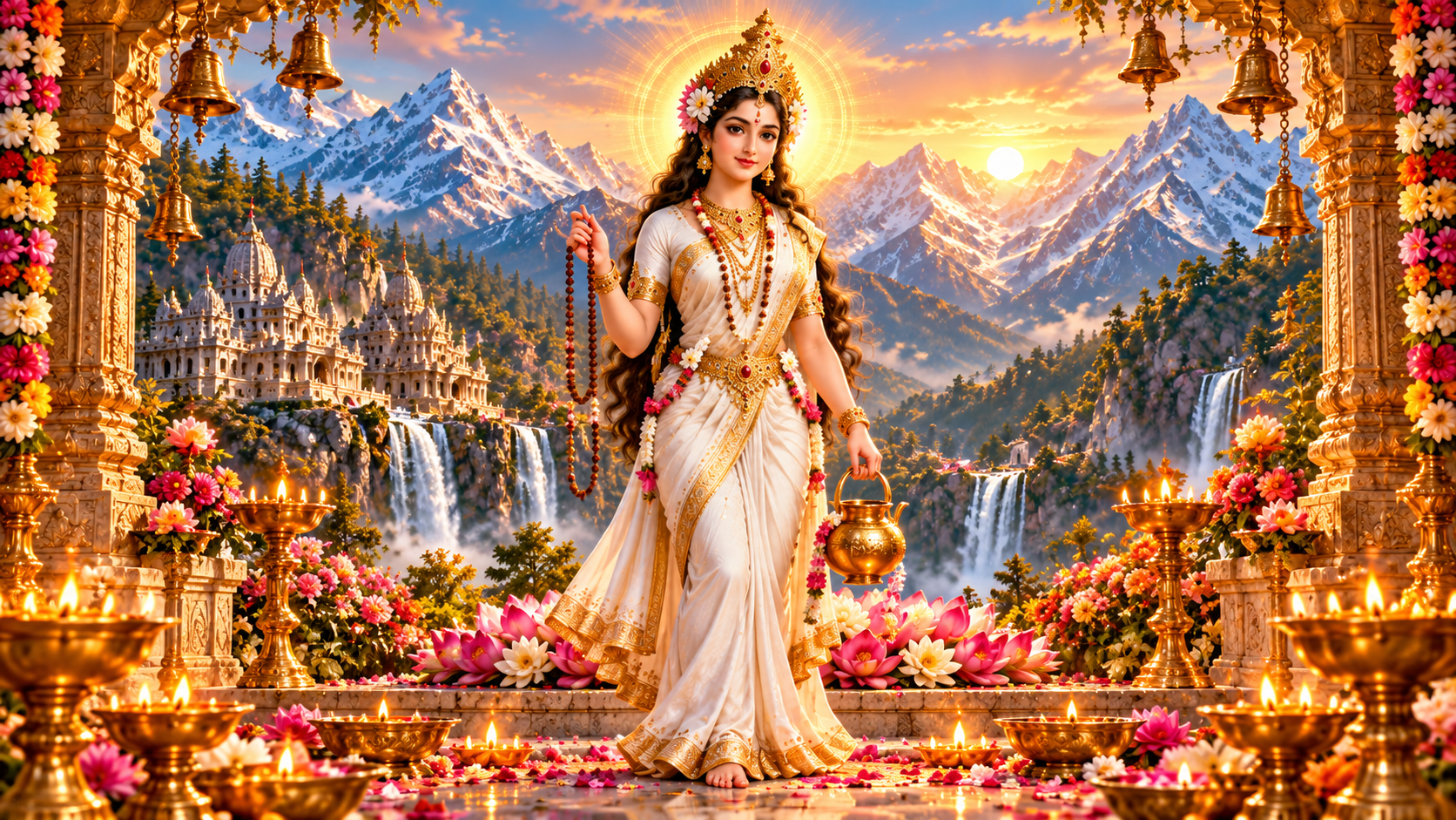 Maa Brahmacharini holding a rudraksha mala and kamandalu at a Himalayan temple