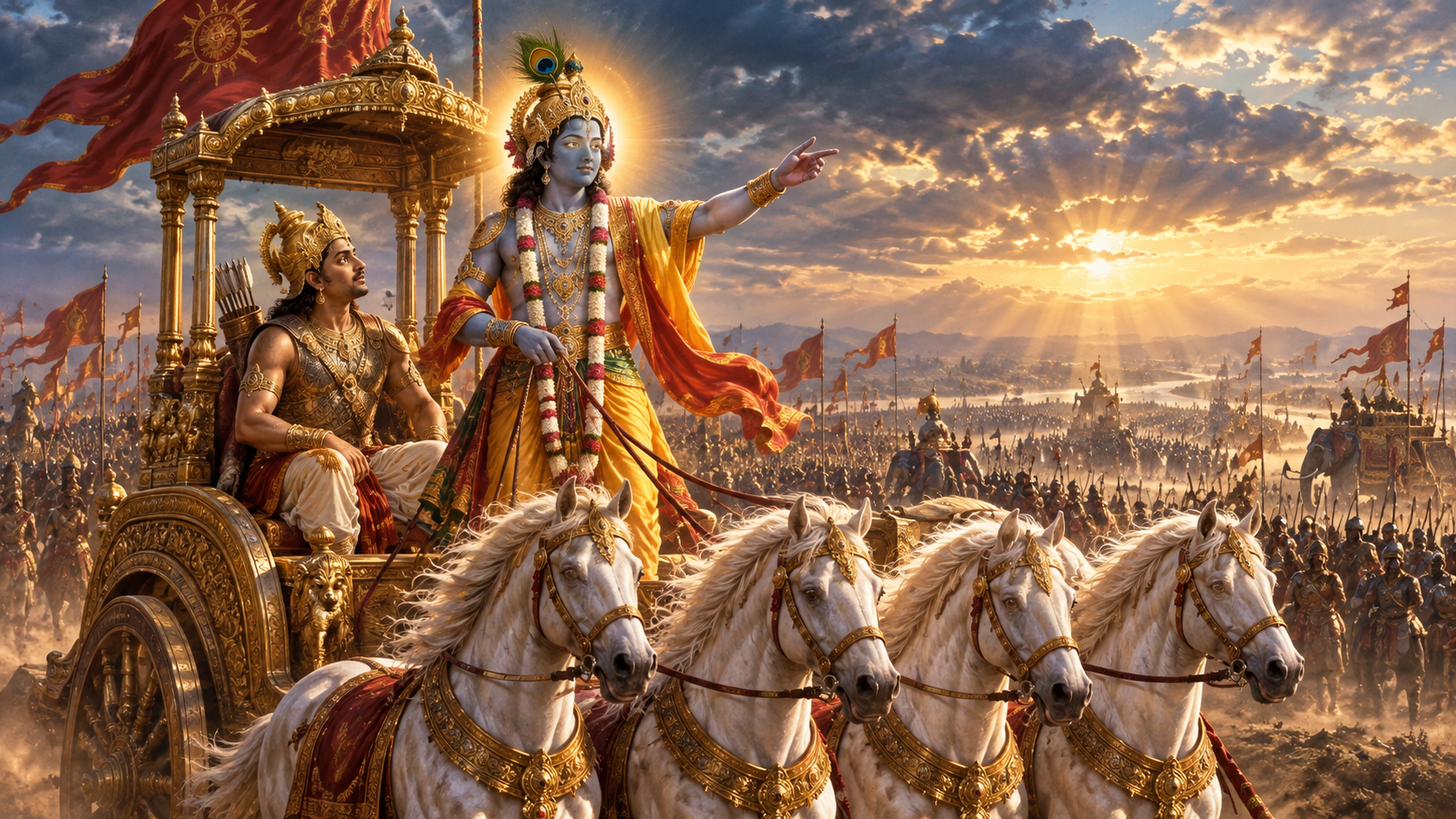 Krishna guiding Arjuna on the battlefield of Kurukshetra
