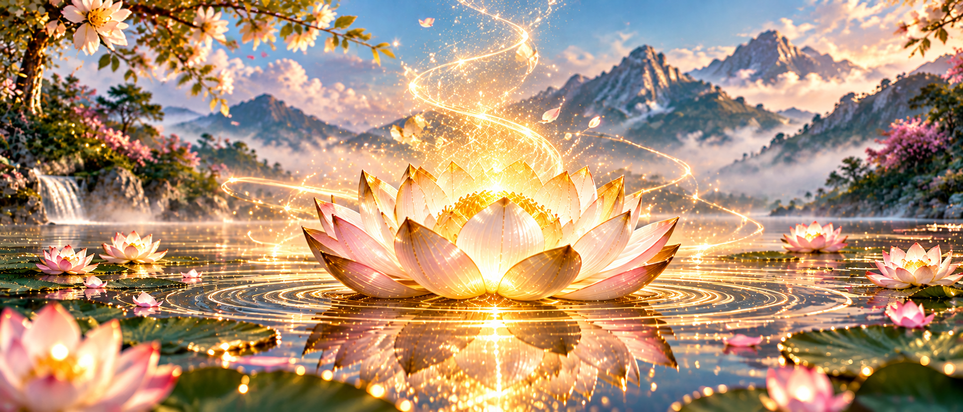 A luminous blush-pink and golden lotus floating on a tranquil pond, symbolising inner clarity and peaceful awareness