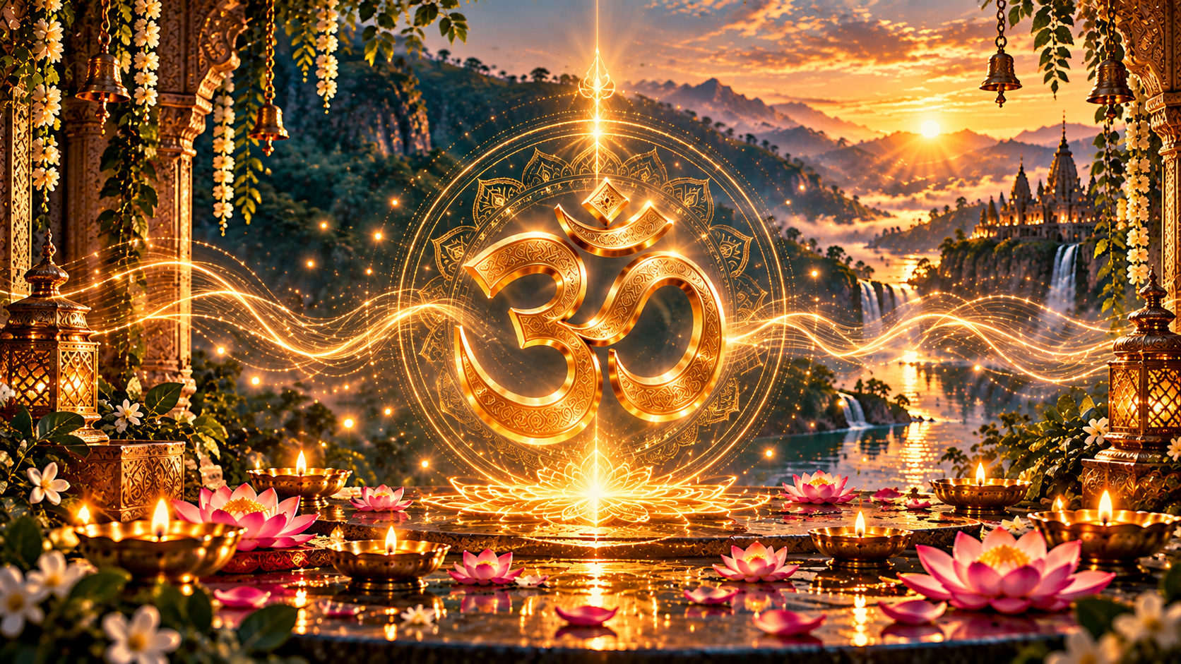 A radiant golden Om mandala in an ornate spiritual temple at sunset