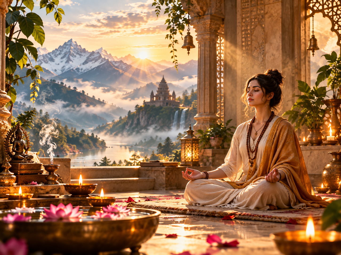A peaceful meditation sanctuary in warm sunrise light