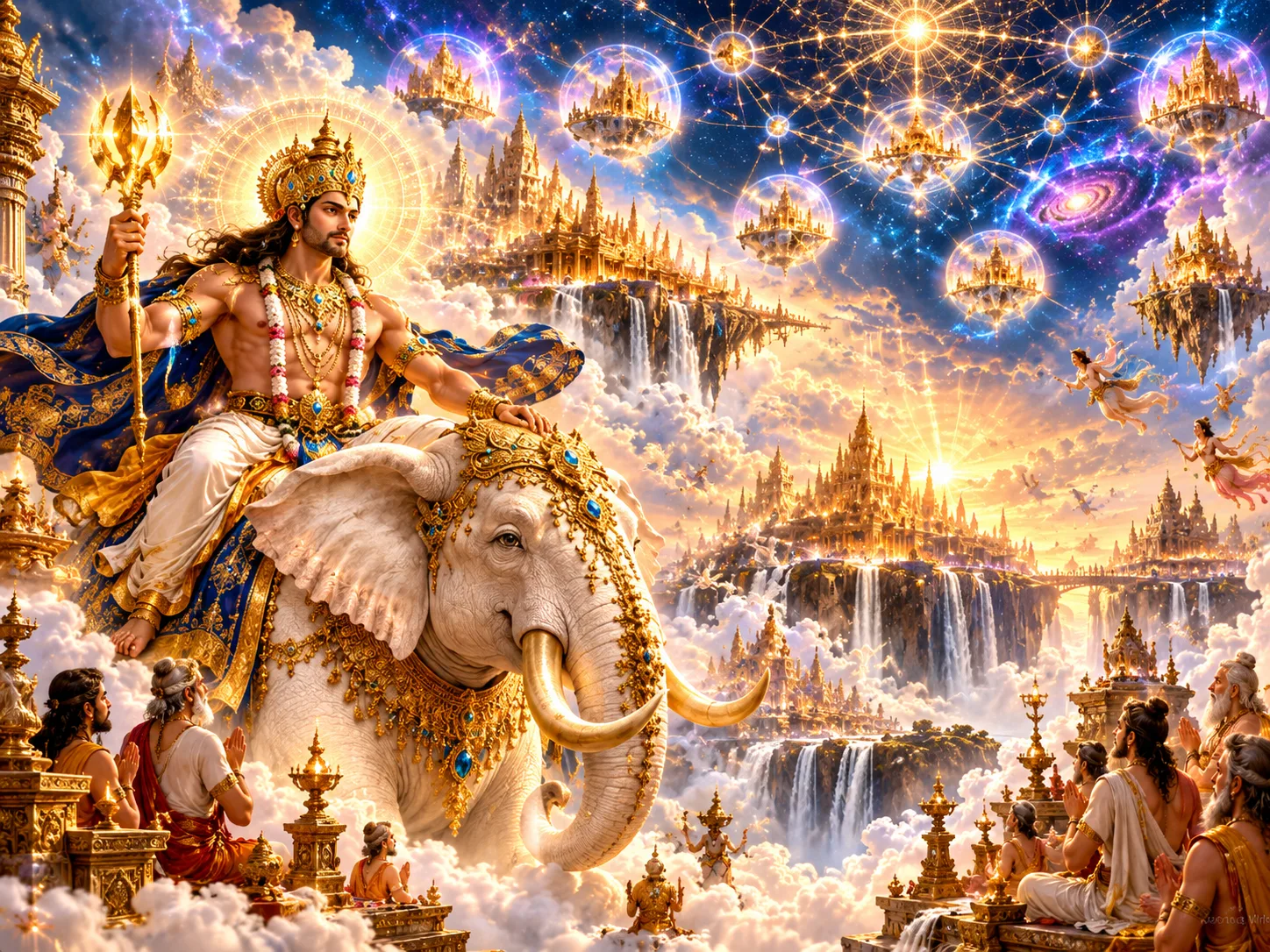 देवराज इंद्र हाथ में वज्र लिए ऐरावत पर विराजमान हैं; पीछे दिव्य लोक, मंदिर और ऋषियों का दृश्य है