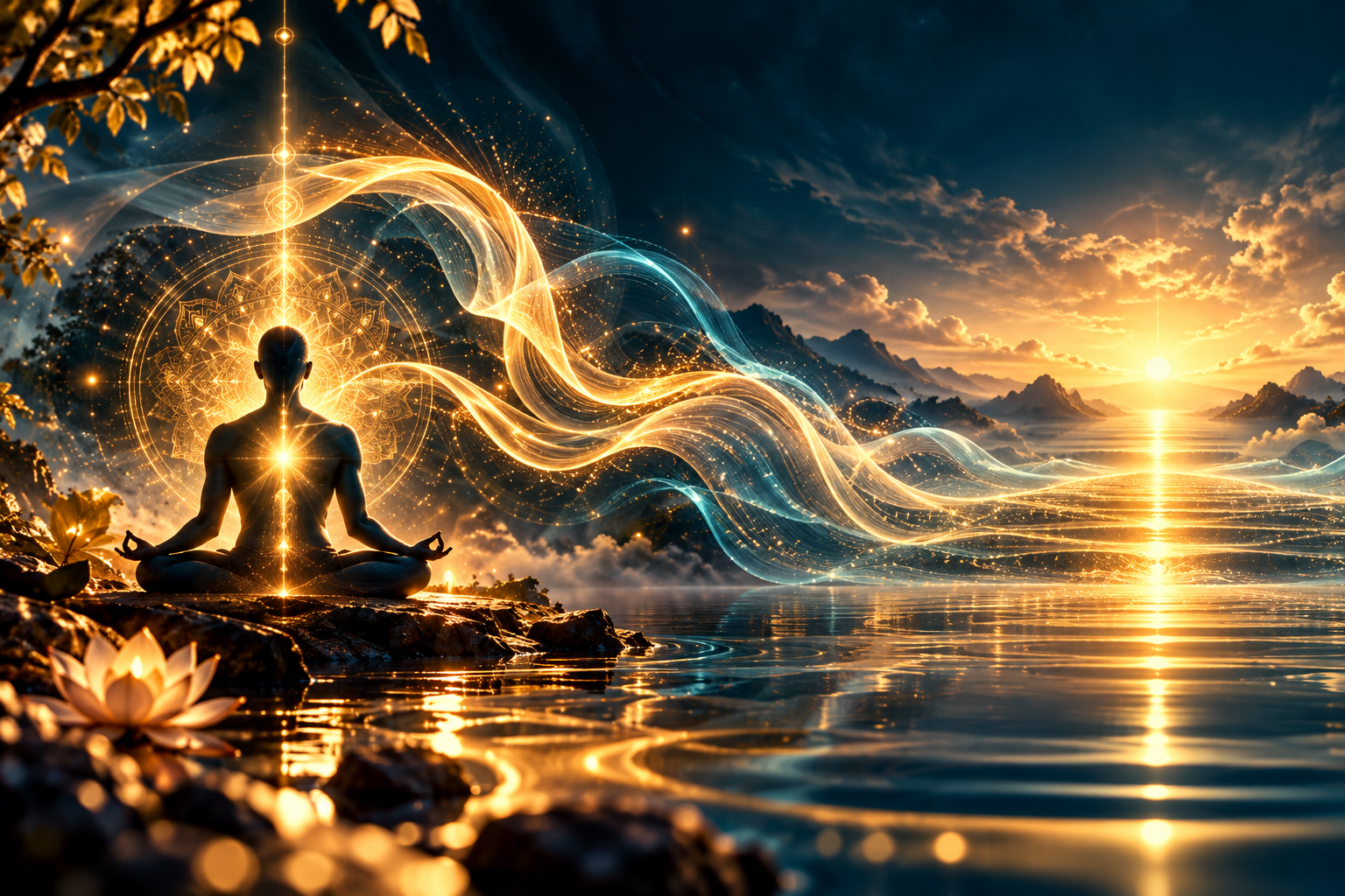 A meditator facing a golden horizon as flowing light reflects across still water
