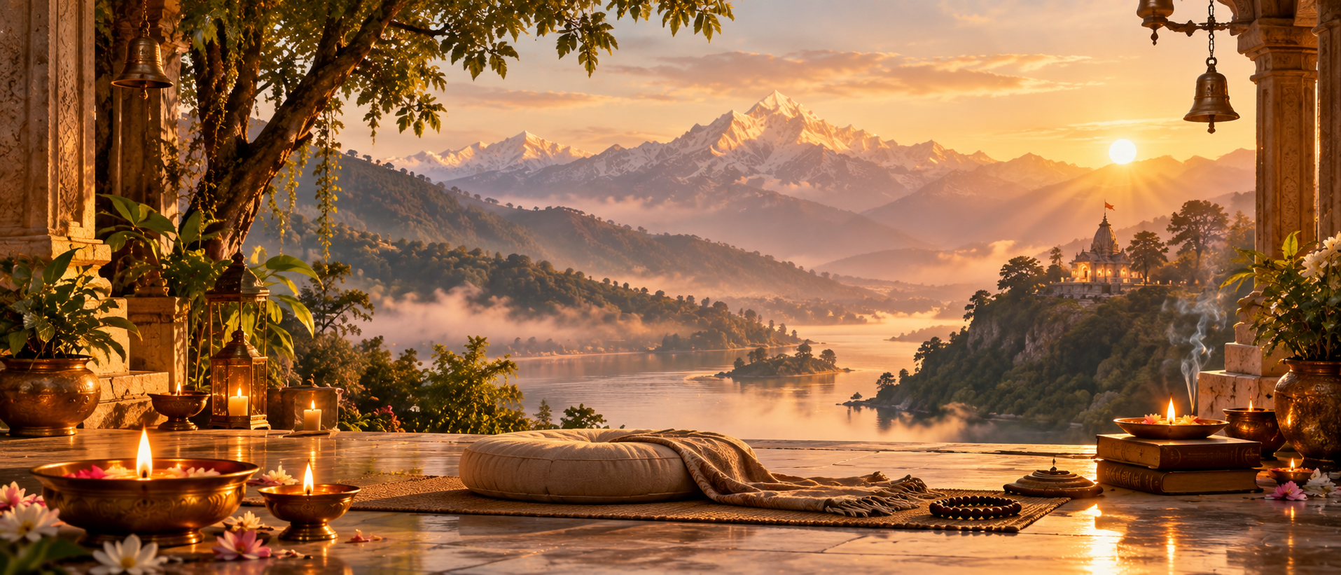 A peaceful spiritual meditation sanctuary beside a tranquil lake, with warm lamps, mountains and lotus flowers