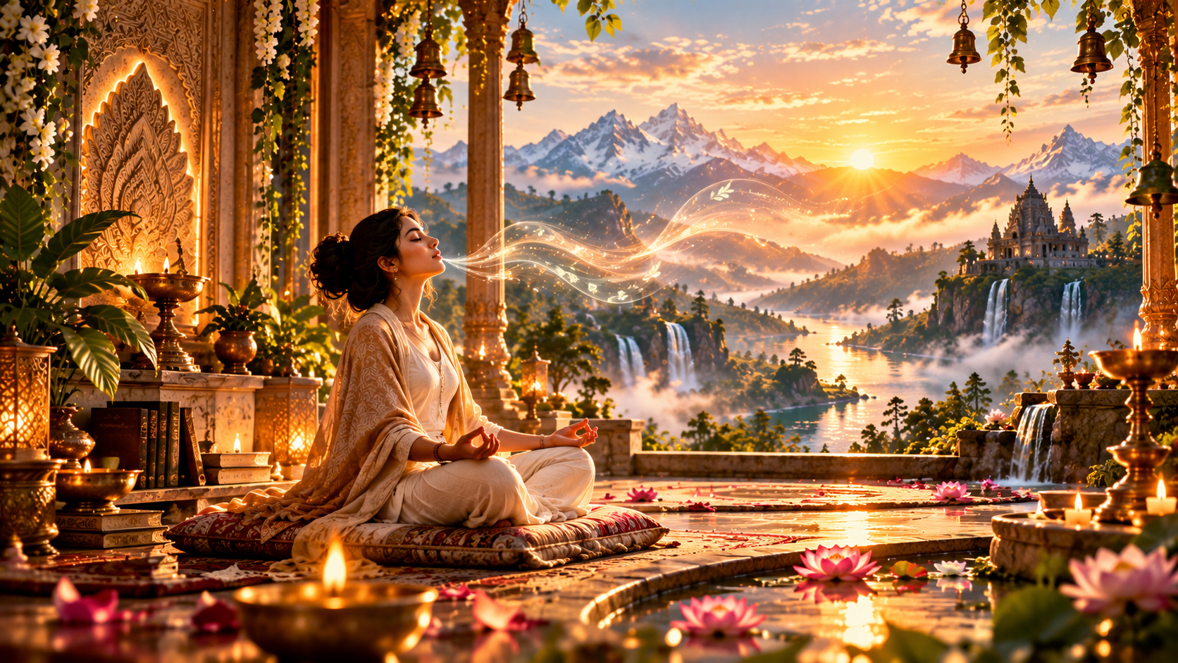 A peaceful meditator practising mindful breathing beside a sacred valley at sunrise